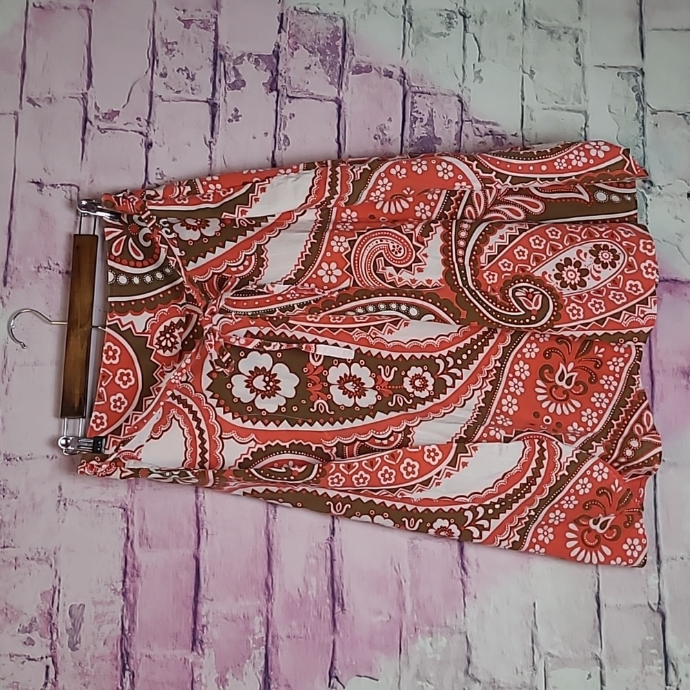 TALBOTS CUVED HEM FLOWY PAISLEY FLORAL ORANGE BROWN A LINE SKIRT 12 PETITE